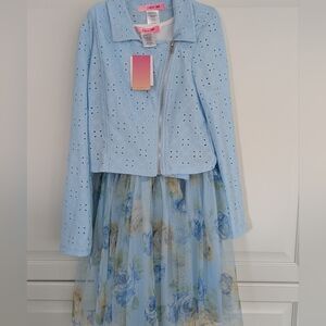 5/$35 Paper Doll Girls 2 Piece Set 12 Blue Eyelet Jacket Floral Tulle Dress